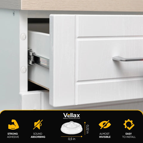 Side view of cabinet with Clear Silicone Bumper Pads 0.5 Self Adhesive Jelly Button Cushions installed near drawer edge.