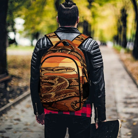 Retro Sunset Western Snake Printed Backpack for Everyday Use on person outdoors