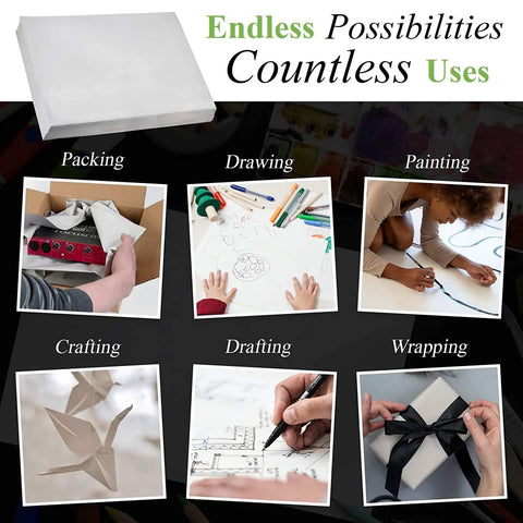 Image showing various uses for Moving Packing Paper Sheets 31 By 21.5 Inches, 50 Pack Newsprint Paper for wrapping, drawing, and crafting.