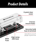 Heavy Duty ANL Fuse Block With Clear Cover And Twin 300 Amp Fuses For Rock Solid Circuit Protection Fits Zero To Ten Gauge Cable, top view with features.