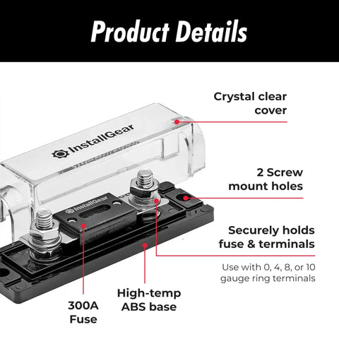 Heavy Duty ANL Fuse Block With Clear Cover And Twin 300 Amp Fuses For Rock Solid Circuit Protection Fits Zero To Ten Gauge Cable, top view with features.
