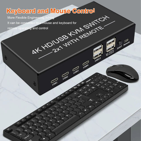 4K HDMI KVM Switch For Dual Computers Seamlessly Share One Monitor With USB 3.0 Hub showing USB ports and connected keyboard and mouse.
