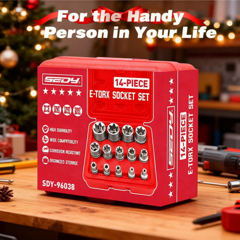 14 Piece ETORX Socket Set Pro Grade Female Torx Sockets For 1 Quarter Inch 3 Eighth Inch And 1 Half Inch Drives E4 Through E24 External Torx Sockets Built To Last And Gearhead Ready For Any Garage Job in red case with sockets displayed.