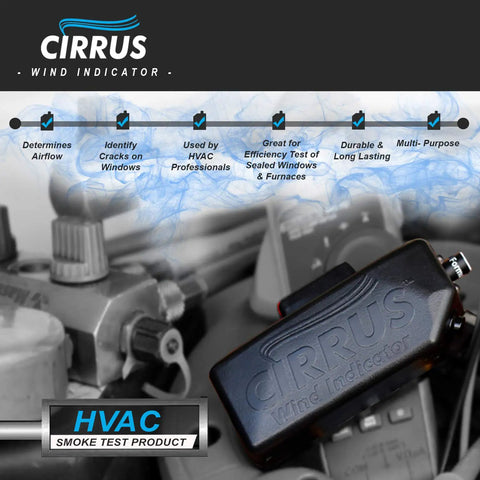 Close-up of HVAC Wind Indicator Handheld Draft Detector for Easy Airflow Visualization with tech details and background.