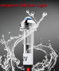 Waterproof Tri Color 12V LED Indicator Light Kit with metal housing and wire leads, shown with water splash, for dashboards, cars, boats.