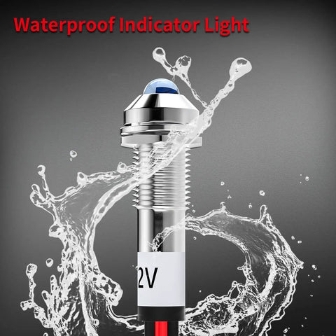 Waterproof Tri Color 12V LED Indicator Light Kit with metal housing and wire leads, shown with water splash, for dashboards, cars, boats.