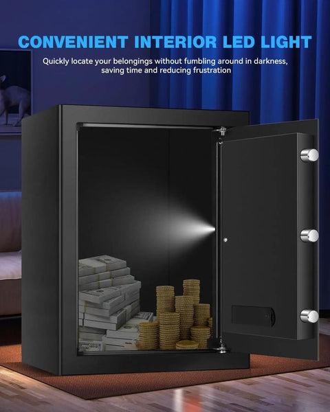 Open 3.5 Cu Ft Home Safe With Fireproof And Waterproof Steel Security Box, Electronic Keypad Access, LED sensor light showing cash and coins inside.