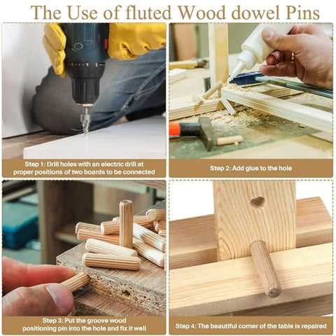 Step-by-step guide using 1000Pcs Woodworking Dowels Kit With Round Grooved Fluted Wood Dowel Pins 6x30mm for furniture assembly.