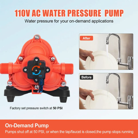110V Electric Water Pressure Pump 4.0 GPM 50PSI Self Priming Diaphragm Booster shown with faucet before and after use.