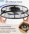 Premium Caged Ceiling Fan And Light With Remote Flush Mount Farmhouse Style Bladeless Design For Kitchen Bedroom shown in easy setup position.