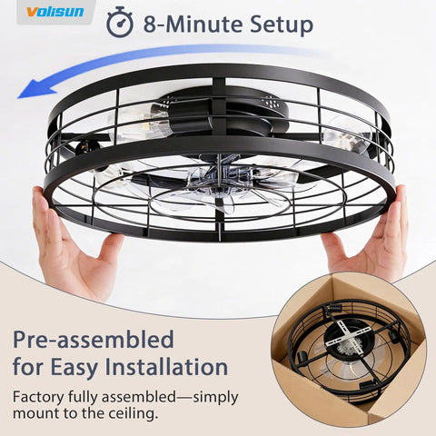 Premium Caged Ceiling Fan And Light With Remote Flush Mount Farmhouse Style Bladeless Design For Kitchen Bedroom shown in easy setup position.