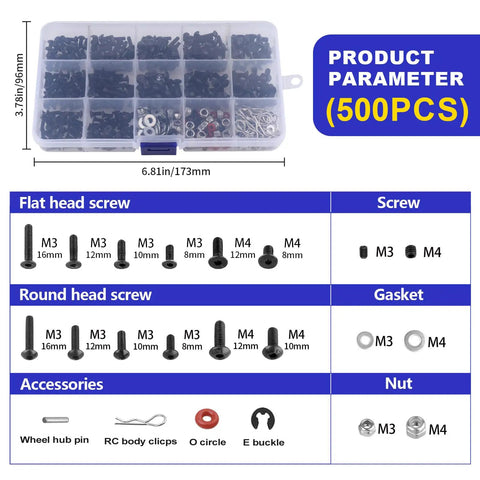Ultimate 500Pcs RC Screw Kit Set For Traxxas Axial HPI Arrma Losi 1/8 1/16 Scale Cars And Trucks in clear box with screws displayed