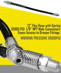 Close-up of 12-inch flex hose with spring and connectors, part of Grease Gun Accessory Set 12 Piece With Carrying Case Pro Grade