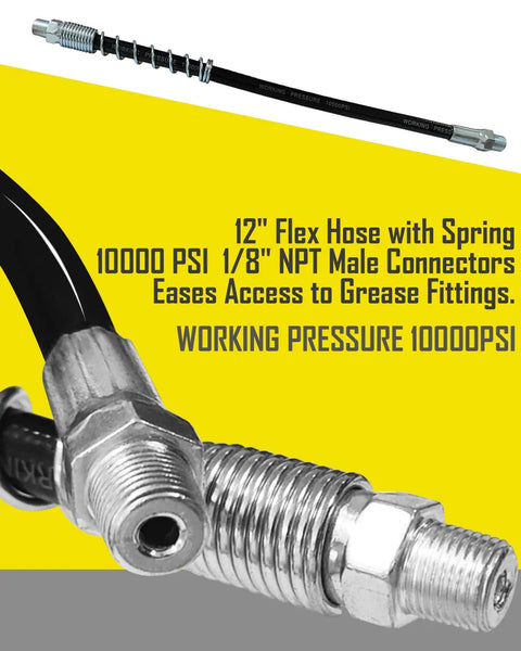 Close-up of 12-inch flex hose with spring and connectors, part of Grease Gun Accessory Set 12 Piece With Carrying Case Pro Grade