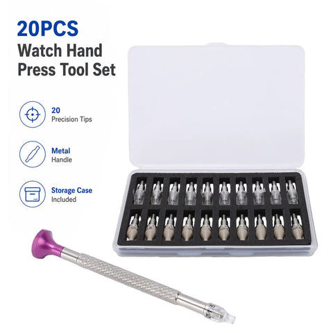 Watch Hand Presser Kit With 20 Interchangeable Pins And Scratch Proof Stainless Steel Pusher featuring case and metal press