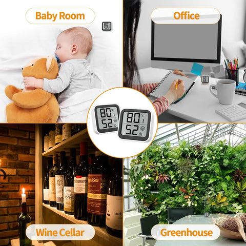 Must Have Indoor Thermometer Humidity Meter With Mini Hygrometer, Easy Room Temperature Monitor With Face Comfort Indicator, Celsius Fahrenheit Switch, Ideal For Baby Rooms, Greenhouses, Offices, And Living Rooms. Digital indoor hygrometer shown in baby room, office, wine cellar, and greenhouse