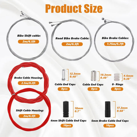 Universal Bicycle Cable And Housing Replacement Kit with cable sizes and components for brake and shift systems, includes end caps.