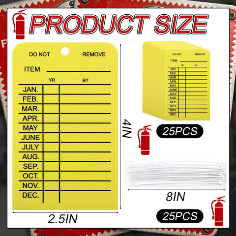 Must-Have Fire Extinguisher Monthly Inspection Tags 25 Pack With Adjustable Ties Yellow PVC Safety Labels For Indoor Outdoor Use Waterproof Tear-Resistant Plus Easy To Read 4 By 2.5 Inch