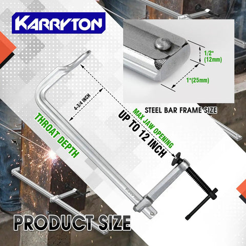Beefy 4 Pack Heavy Duty 12 Inch F Clamp Set With 4 3/4 Inch Throat Depth, steel construction, product size details.