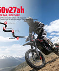 Rider on EM5 Pro 60V Electric Dirt Bike With Light And Display Off Road Motorcycle 5600W on mountain trail with specs overlay