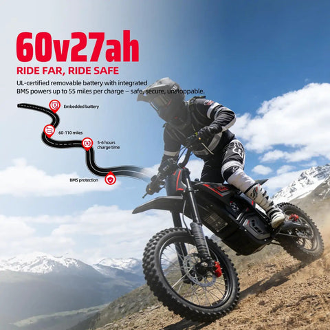 Rider on EM5 Pro 60V Electric Dirt Bike With Light And Display Off Road Motorcycle 5600W on mountain trail with specs overlay