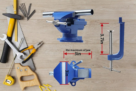 Heavy Duty Table Vise With Swivel Base For Woodworking And Metalworking, dual purpose bench clamp, 3 inch jaw, tool setup view