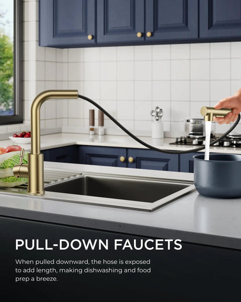 Gold Kitchen Faucet With Pull Down Sprayer In Stainless Steel Single Handle Sink Faucet shown with 360° swiveling spray in use