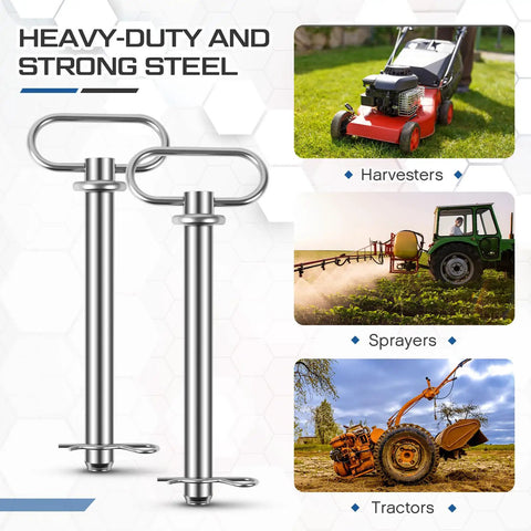 Beefy Trailer Hitch Pins And Clip Set Three Quarters Inch Diameter By Six And A Quarter Inch Length Clevis Pins With Handles 2 Pack R Clip Included Heavy Duty Carbon Steel For Towing Tractors Trucks Lawn Mowers RVs Boats And Farm Equipment, with tractors and sprayers