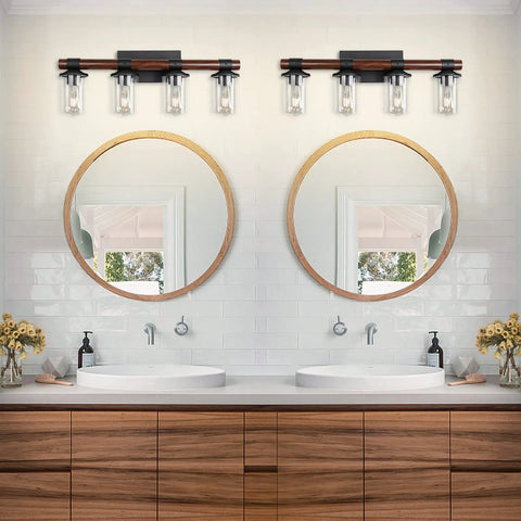 4 Light Farmhouse Vanity Light Fixture with Antique Wood Style Pole and Clear Glass Shades Over Mirror in Bathroom