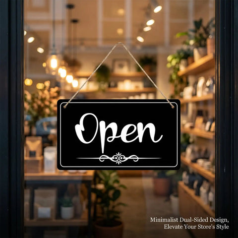 Double Sided Open Sign With Rope For Biz Hours Open Closed Sign 11 By 6.1 Inch Easy Flip Display hanging on a glass door