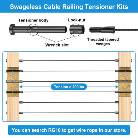 Swageless Cable Railing Tensioners One Eighth Inch, Twenty Pack, Black Stainless Steel 316 Fittings diagram with wood posts