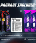 Package contents of 11.1V 3S 5200mAh 80C RC LiPo Battery Pack With XT60 Connector Soft Case, user manual, and packaging boxes