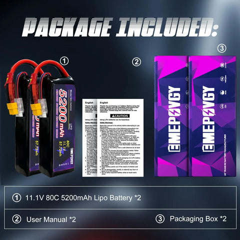 Package contents of 11.1V 3S 5200mAh 80C RC LiPo Battery Pack With XT60 Connector Soft Case, user manual, and packaging boxes
