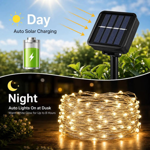 Outdoor Solar String Lights With 100 LEDs 33 Feet 8 Modes Weatherproof Fairy Lights For Patio Yard Christmas Tree Halloween Wedding Party Decor Warm White Glow Totally Lit Backyard Or Garden Vibe Easy To Install, solar panel and coiled lights