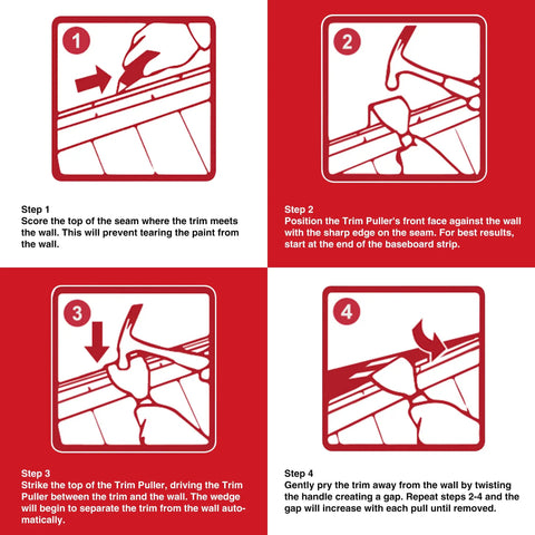 Step-by-step guide using Trim Puller 4 Inch Tile Removal Multi Tool for safe baseboard removal, showing front and side views.