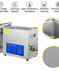 Heavy Duty Ultrasonic Cleaner With Built In Heater And Digital Timer 6.5L Stainless Steel Bath showing control panel and food grade material.