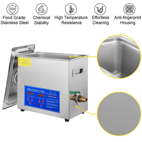 Heavy Duty Ultrasonic Cleaner With Built In Heater And Digital Timer 6.5L Stainless Steel Bath showing control panel and food grade material.