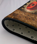 Corner of Fantasy Farm Tractor Area Rug 36x24 Inch Soft Homey Non Slip Floor Mat showing red tractor wheel design and flannel material.