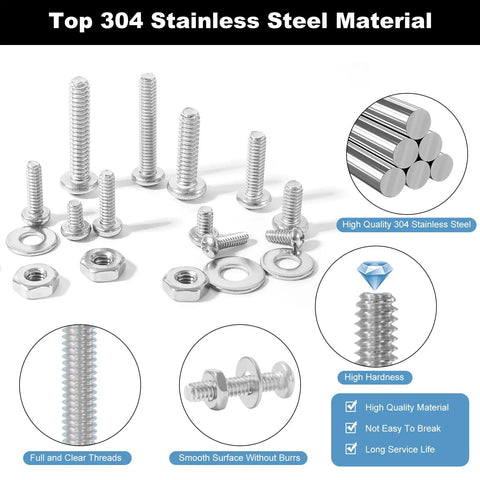 Heavy Duty 304 Stainless Steel Machine Screw Kit With Hex Nuts Flat Washers Phillips Pan Head, various screw sizes and types.