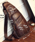 Genuine Leather Sling Backpack For Men And Women Crossbody Day Pack For Travel Outdoor Camping And Grab And Go Everyday Carry Durable Cowhide Leather With Zipper Closure And Adjustable Strap Brown, dimensions shown