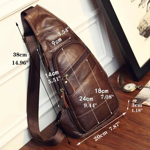 Genuine Leather Sling Backpack For Men And Women Crossbody Day Pack For Travel Outdoor Camping And Grab And Go Everyday Carry Durable Cowhide Leather With Zipper Closure And Adjustable Strap Brown, dimensions shown