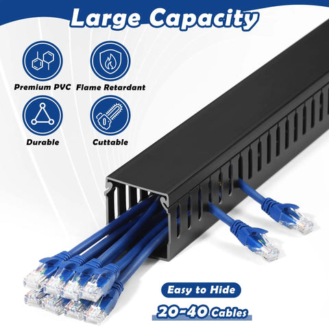 Open slot wire duct hider showing blue network cables in a 2x2 inch cable raceway for under desk cable management, durable PVC, black
