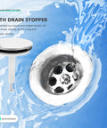 Bathtub Drain Stopper with Rotating Design and Silicone Seal Ring over a chrome drain, highlighting its sturdy build and water action.