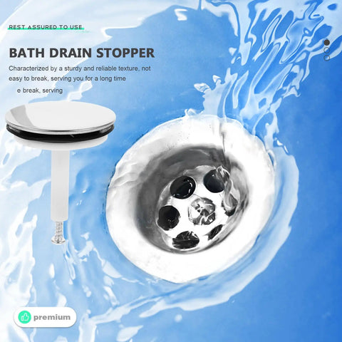 Bathtub Drain Stopper with Rotating Design and Silicone Seal Ring over a chrome drain, highlighting its sturdy build and water action.