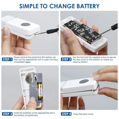 Step-by-step guide to changing battery in Waterproof Wireless Doorbell Kit With 1300 Feet Range, 58 Ringtones, 5 Volume Levels.
