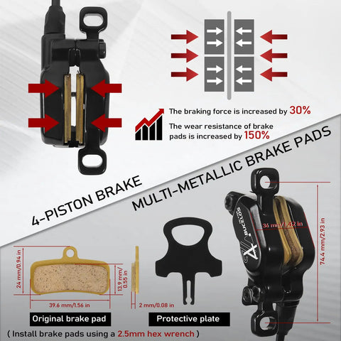 Diagram of Four Pistons Hydraulic Disc Brake Set For Electric Bikes And Mountain Bikes With Aluminum Calipers and brake pad details