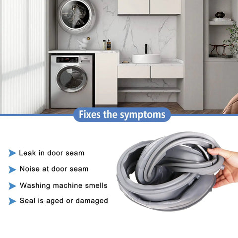 Premium Knockout Heavy Duty Door Gasket Replacement For Lg And Kenmore Front Load Washers No Sweat Install Rubber Boot Seal displayed in a laundry room with signs of leaks and noise.