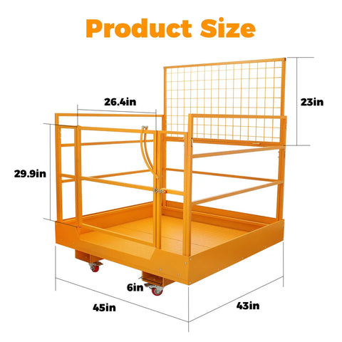 Heavy Duty Forklift Safety Cage With 1400 Lbs Capacity Rock Solid Steel Aerial Lift Basket dimensions labeled on image.