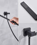 Slick Matte Black Rain Shower System With 10 Inch Ceiling Mounted Rainfall Head And Handheld Sprayer Body Jets Thermostatic Mixer Valve Temp Lock, featuring sleek handheld wand in use.