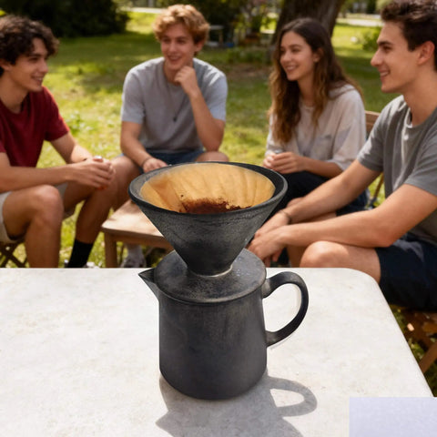 Real Heavy Duty Ceramic Pour Over Coffee Dripper Fits Standard Number Two And Four Paper Filters 15 Ounce Size on outdoor table with friends.